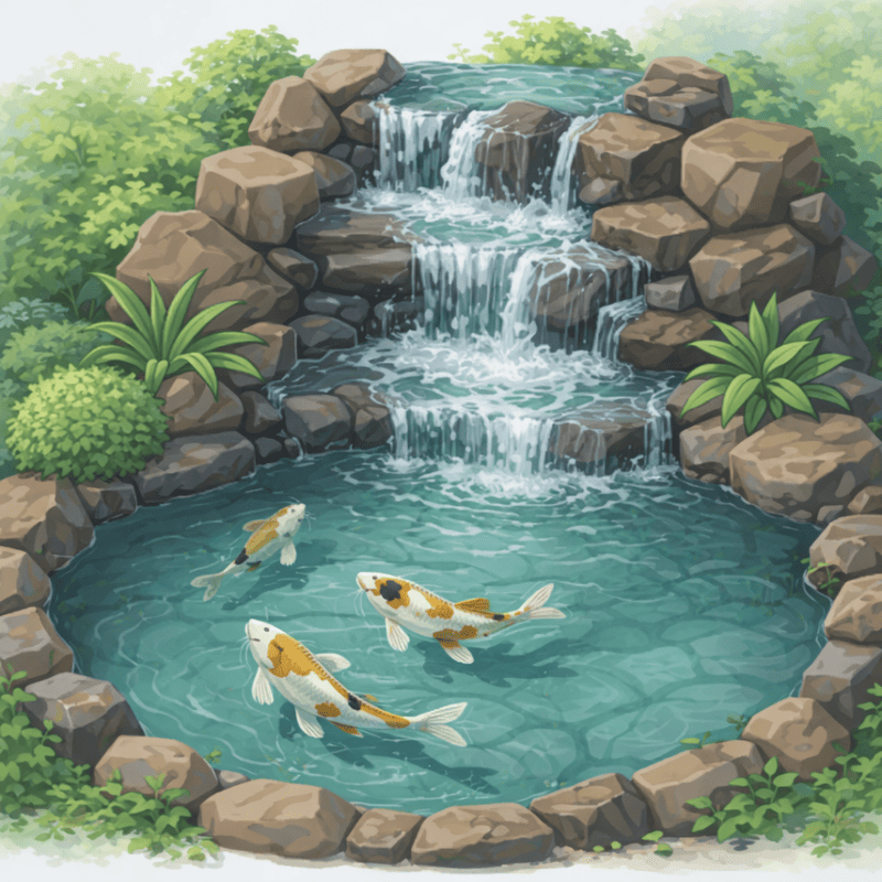 Koi pond with waterfall